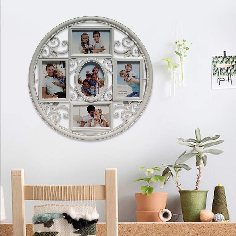 MKUN 2Pack of 4x6 Wall Photo Collage Frames - Round Circular Circle Wall Hanging Picture Collage Frame with Leaf Decoration, 5- Opening (White) - Image 4